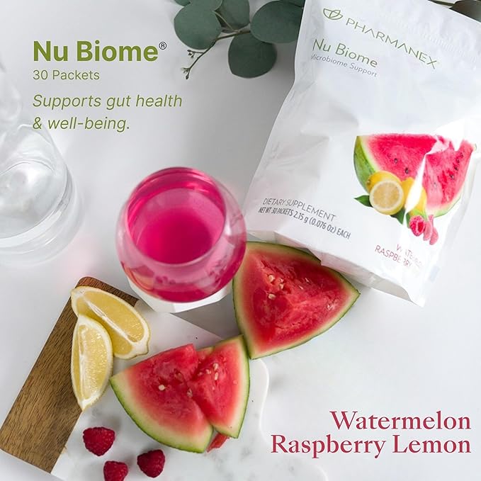 Nu Skin Pharmanex Nu Biome | Gut &amp Immune Health Supplement | Supports Digestive Balance &amp Energy | Prebiotic &amp Antioxidant Formula | 30 Packets | Watermelon Raspberry Lemon
