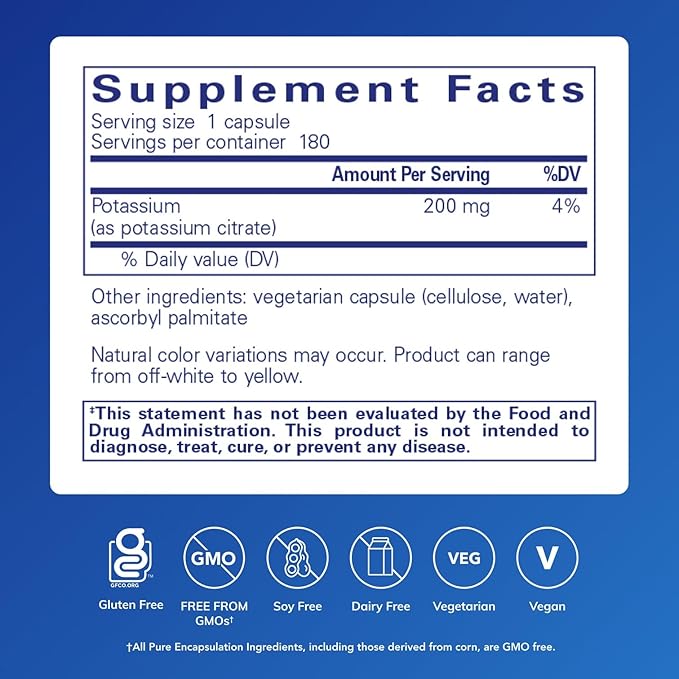 Pure Encapsulations Potassium (Citrate) - Essential Electrolyte Supplement to Support Nerve &amp Muscle Function Adrenals Hormones Heart Health &amp Energy* - Potassium Citrate Capsule - 180 Caps
