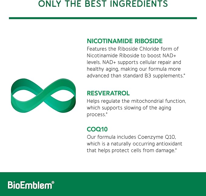 BioEmblem NAD+ Supplement | 300 mg Nicotinamide Riboside with CoQ10 &amp Resveratrol | Supports Healthy Aging Cellular Energy and Cognitive Function | Non-GMO Gluten Free - 45 Capsules