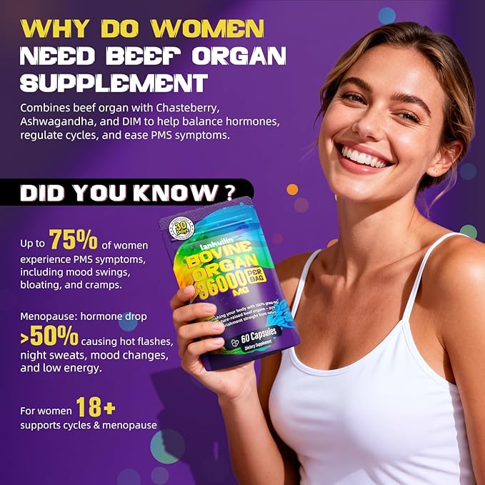 Beef Organ Supplement for Women - 100% Grass Fed Beef Organs with Bovine Liver Ovary Uterus Kidney Heart &amp Fallopian Tubes - PMS Menopause &amp Energy Immune &amp Mood Support 60 Count