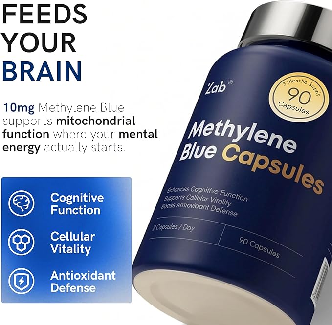ZAB Methylene Blue Capsules Brain Supplement for Humans with Vitamin C &amp B Complex Blue Methylene 10 mg per Capsules Memory Clarity &amp Cognitive Support USP Grade Supplement