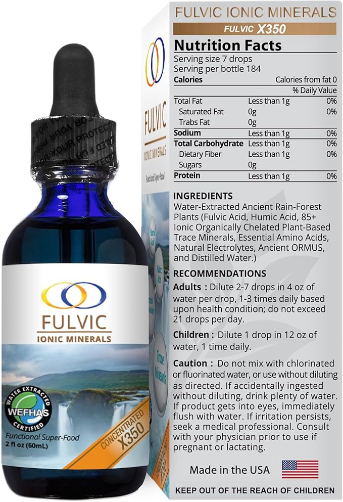 Optimally Organic Water Extracted Fulvic Ionic Minerals X350 - Patented BioActive Fulvic Acid Humic Acid Trace Minerals Electrolytes &amp Essential Amino Acids - 8+ Month Supply!