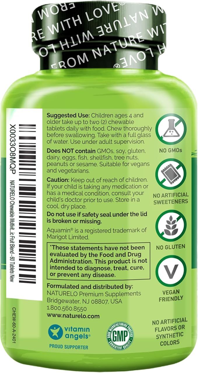 NATURELO Chewable Vitamin for Kids Multivitamin with Whole Food Organic Fruit Blend - 60 Tablets for Children