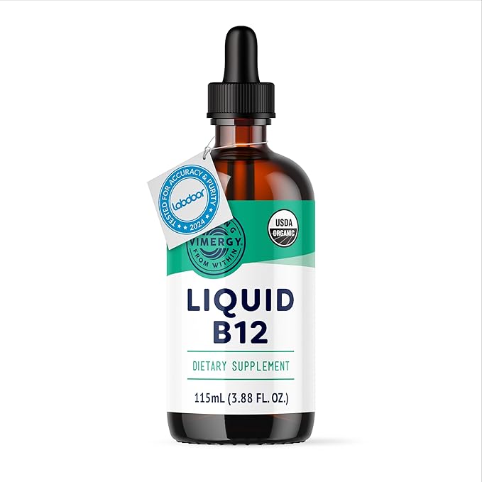 Vimergy USDA Organic Liquid Vitamin B12 Supplement 2500 mcg Methylcobalamin &amp Adenosylcobalamin Fast-Absorbing Energy Support Vegan Non-GMO B12 Vitamins for Women &amp Men 115 Serving (115 mL)