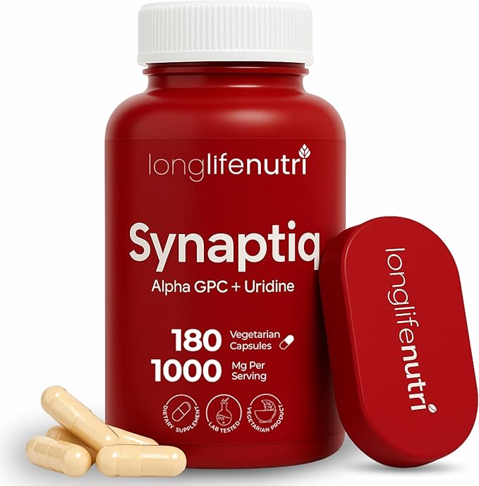Synaptiq 1000mg (Alpha GPC + Uridine Monophosphate 600mg/400mg) - Nootropic Choline Supplement 180 Vegetarian Capsules 3-Month Supply For Focus &amp Productivity GMP Certified Made in USA