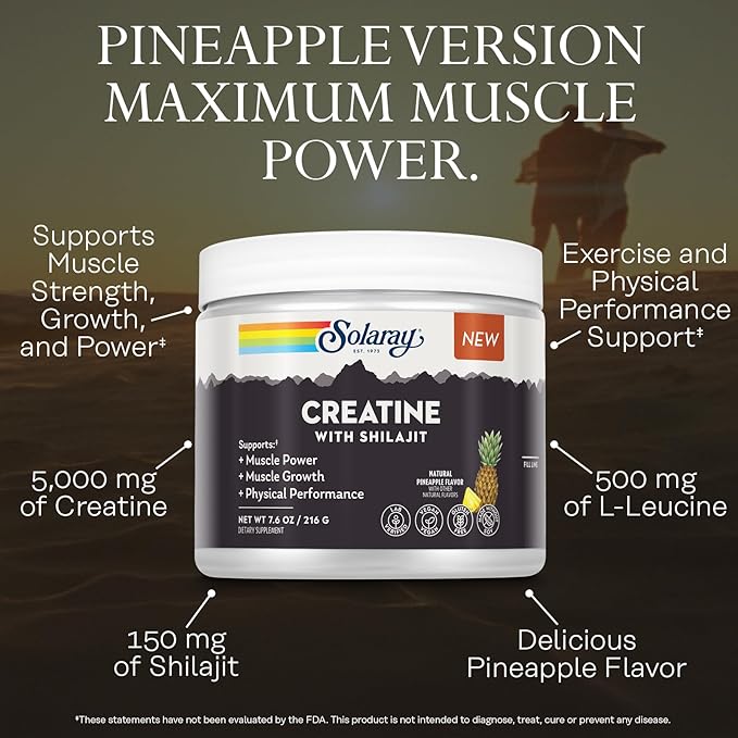 SOLARAY Creatine with Shilajit – Muscle Power and Growth Support with Creatine Monohydrate and L-Leucine Amino Acids – Natural Pineapple Flavor – Vegan Gluten Free – 30 Servings 7.6 OZ