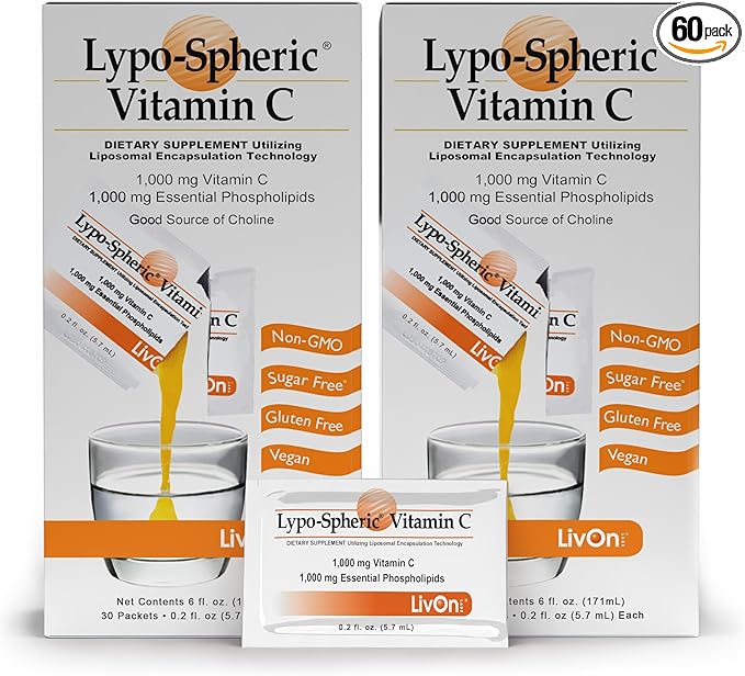 LivOn Laboratories - Lypo–Spheric Vitamin C – 1000 mg Vitamin C &amp 1000 mg Essential Phospholipids Per Packet – Liposome Encapsulated for Improved Absorption – Non–GMO - 2 Pack (60 Count)