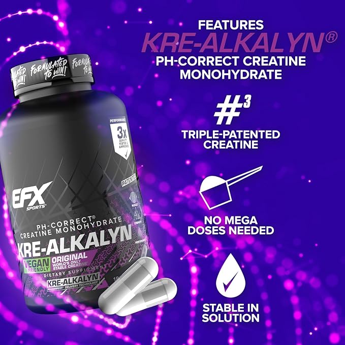 EFX Sports Kre-Alkalyn EFX | pH Correct Creatine Monohydrate Pill Supplement | Vegan Friendly | Strength &amp Muscle Growth | 90 Servings 180 Veggie Capsules