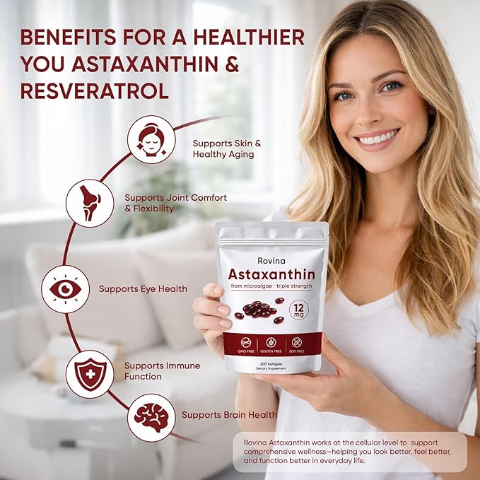 Rovina Astaxanthin 12mg Softgels - Premium Astaxanthin from Microalgae Triple Strength Immune Support - Non-GMO &amp Gluten Free 200 Softgels (1)