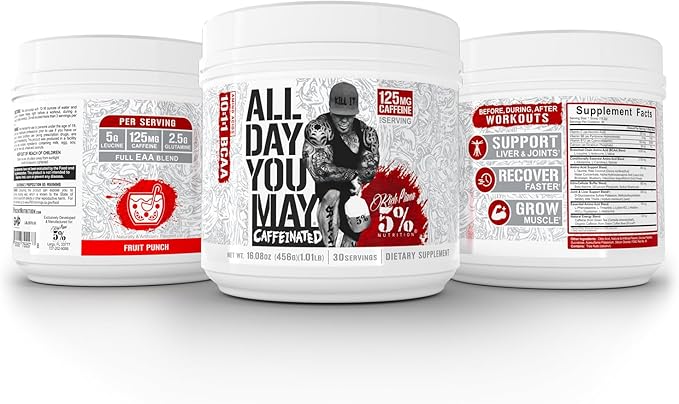 5% Nutrition Rich Piana AllDayYouMay Caffeinated BCAA Energy Powder | Premium Pre Workout Amino Energy &amp Electrolytes | Hydration Endurance &amp Recovery | 16.08 oz 25 Servings (Fruit Punch)