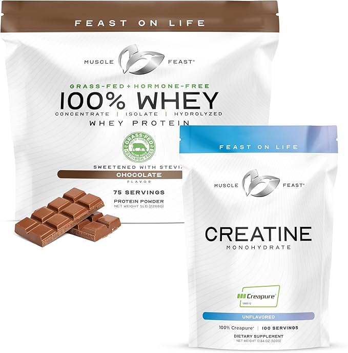 Muscle Feast Bundle – Creapure Creatine Monohydrate Powder Unflavored 500g (1 Unit) + Grass-Fed Whey Protein Blend Chocolate 5lb (1 Unit) All Natural Hormone-Free Pasture Raised