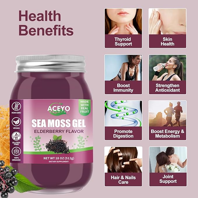 (18 OZ) Irish Elderberry Sea Moss Gel Organic Raw Vegan Flavor 102 Vitamins and Minerals Wild Harvested Non-GMO Immune Defense Booster Thyroid Digestive Support