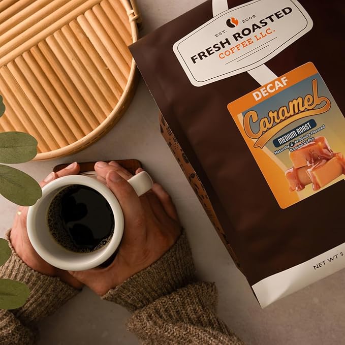 Fresh Roasted Coffee Decaf Caramel Flavored Coffee 5 lb (80 oz) Medium Roast Kosher Ground