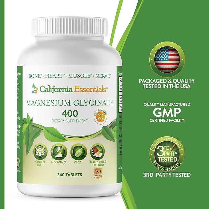 California Essentials Magnesium Glycinate 400 - Chelated High Absorption Elemental Magnesium for Muscle Relief Bone &amp Heart Support -Vegan Non-GMO Gluten-Free (360 Counts (Pack of 1))