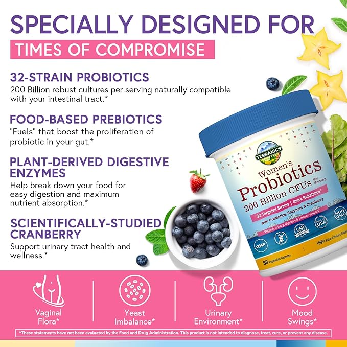 Terranics Daily Probiotics for Women 200 Billion 32 Strains Womens Probiotics with Cranberry Prebiotics &amp Enzymes Rebalance Vaginal Flora &amp pH Delayed Release Shelf Stable 60 Vegan Caps
