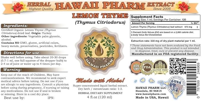 Lemon Thyme Liquid Extract Lemon Thyme (Thymus Citriodorus) Dried Leaf Tincture Supplement 32 oz