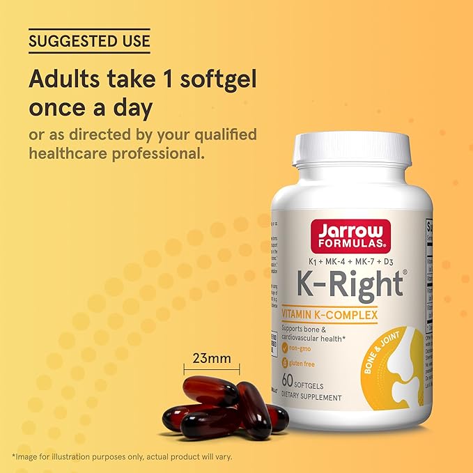 Jarrow Formulas K-Right - Vitamin K-Complex (K1 MK-4 MK-7 D3) - 60 Servings (Softgels) - Dietary Supplement for Bone &amp Cardiovascular Health Support - Vitamin K2 MK-7 - Gluten Free