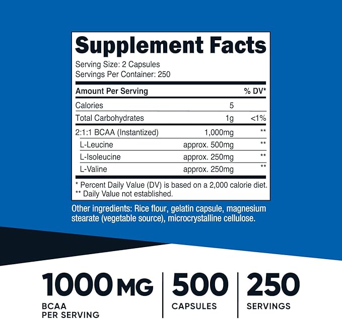 Nutricost BCAA 1000mg 500 Capsules (250 Serv) 2:1:1 Branched Chain Amino Acids (500mg of L-Leucine 250mg of L-Isoleucine and L-Valine) (2 Bottles)