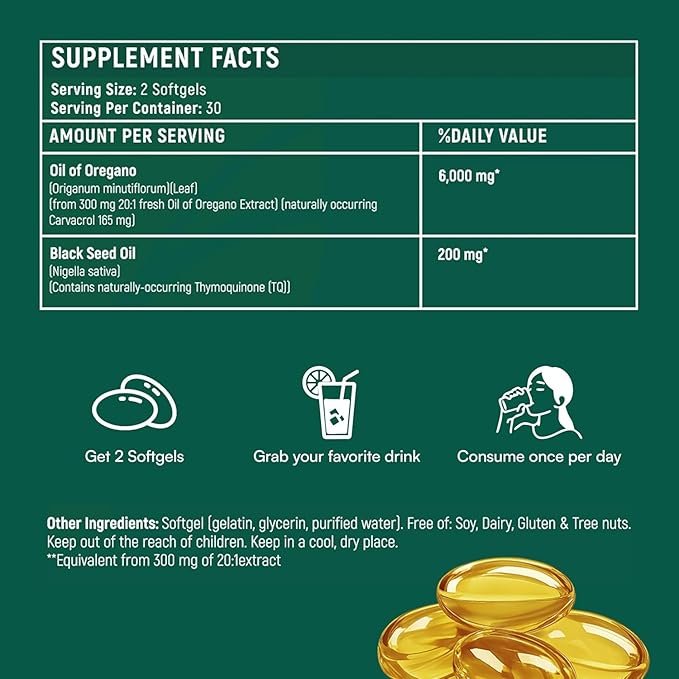 Softgels with Black Seed Oil 6000mg – Organic Oregano Oil Capsules for Immune &amp Digestive Support – Non-GMO Gluten-Free Softgels - 120 Count (Pack of 2)