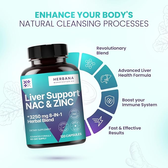 HERBANA MANUFACTURING Liver Support &amp NAC 120 Capsules with Milk Thistle Dandelion Root Chicory Turmeric Beet Root Chanca Piedra