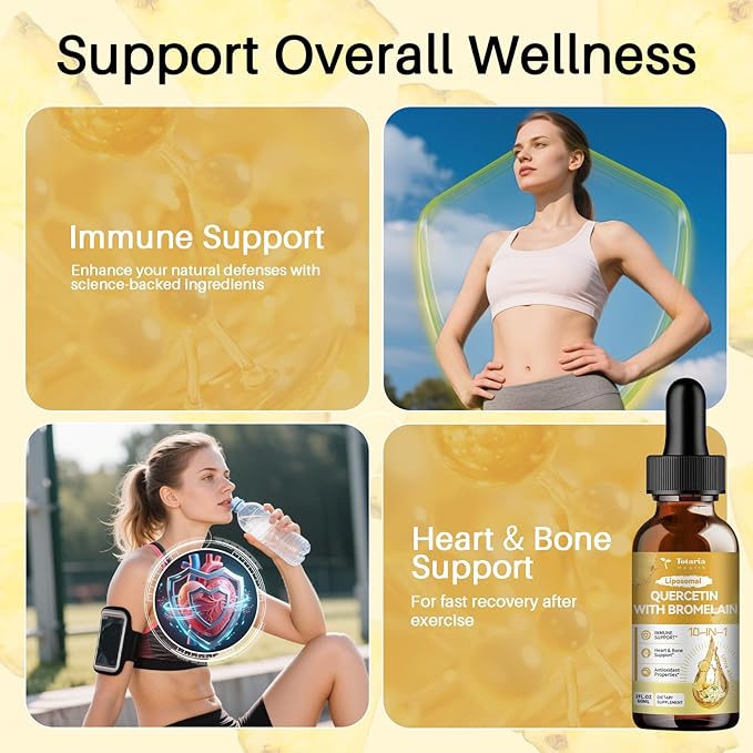 Totaria Liposomal Quercetin with Bromelain Liquid Drops - High Absorption Quercetin 1000mg &amp Bromelain 500mg Plus ElderberryVitamin CZinc for Immune &amp Antioxidant &amp Heart &amp Bone Supp