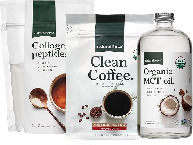 Natural Force Organic Clean Coffee + Collagen Peptides + Organic MCT Oil Bundle – Toxin Free Coffee Grass Fed Collagen &amp MCTs - Non-GMO Keto &amp Paleo - 12 Oz 11.7 Oz 32 Oz
