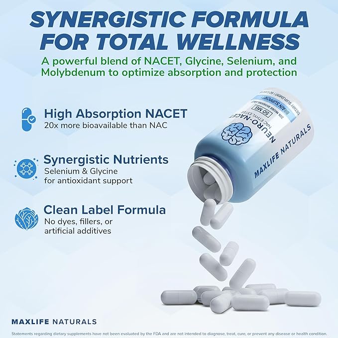 MaxLife Naturals Neuro NACET N-Acetyl L-Cysteine – 60 Capsules 20x More Bioavailable Glycine NAC Supplement N-Acetyl Cysteine Ethyl Ester with Selenium 10x Glutathione Boost for Brain &amp Lung Sup