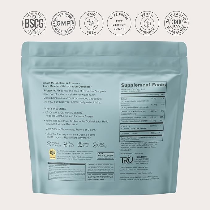 TRU Supplements Hydration Complete BCAA Plant Based Amino Acids + Pink Himalayan Salt Electrolytes &amp L-Carnitine Vegan Zero Calories No Artificial sweeteners 24 Servings Green Apple