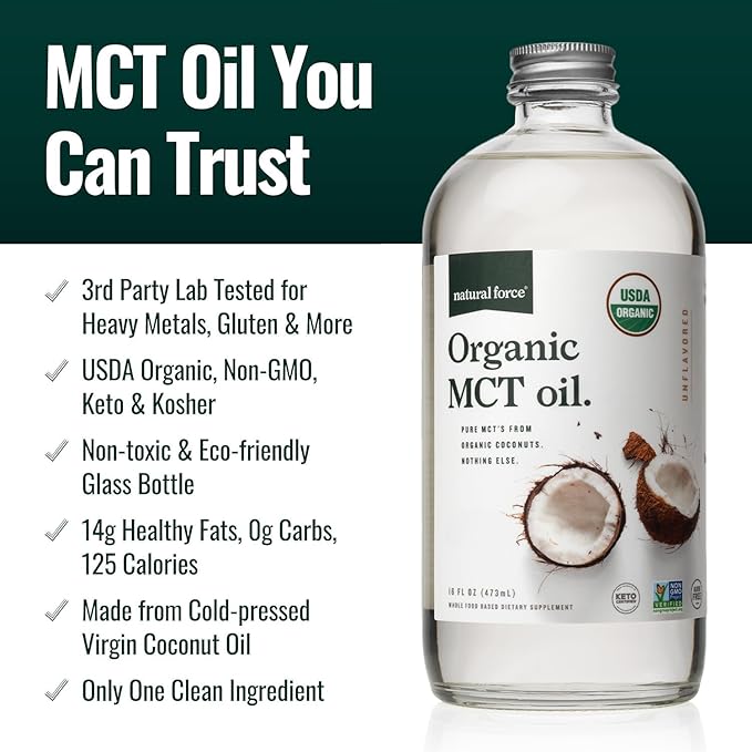 Natural Force Organic Clean Coffee + Organic MCT Oil Bundle – 100% Pure Coconut MCTs &amp Mold &amp Mycotoxin Free Coffee – Non-GMO Keto Paleo and Vegan - 12 Oz Bag and 16 Oz Glass Bottle