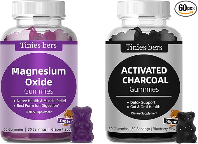 Tinies bers Activated Charcoal Gummies 400mg Magnesium Oxide Gummies 500mg Sugar Free for Adults &amp Kids Quicker to Cleanse Detox Gas Relief Gut &amp Oral Health Best Mg Form for ‘Digestion’