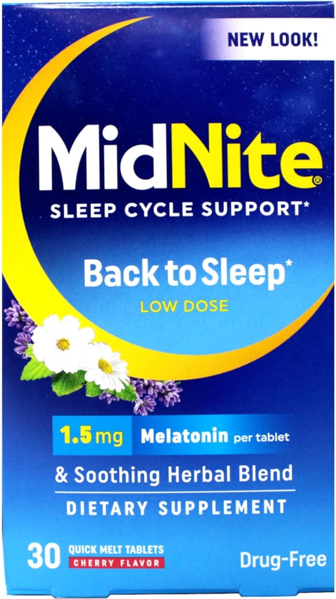 MidNite Sleep Cycle Support Back to Sleep Low Dose Melatonin &amp Herbal Blend Cherry Flavor 30 Quick Melt Tablets (Pack of 4)