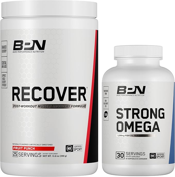 BARE PERFORMANCE NUTRITION BPN Recover Post-Workout Muscle Recovery Drink Mix – Fruit Punch 25 Servings + Strong Omega Fish Oil Soft Gel 30 Servings | Recovery + Heart &amp Brain Health Bundle