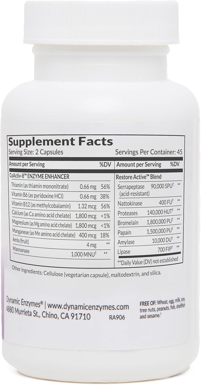 Restore ACTIV Systemic Enzymes – Acid-Resistant Serrapeptase 90000 SPU + Nattokinase 400 FU – Protease Blend for Muscle Joint &amp Tissue Support – Supports Healthy Circulation – 90 Veg Caps