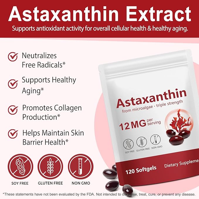 Xaarty 3Pack Premium Astaxanthin 12mg Natural Antioxidant Supplement for Eye Joint Skin HealthMicroalgae Source 4 Month Supply | Supports Internal Circulation 360 Softgels