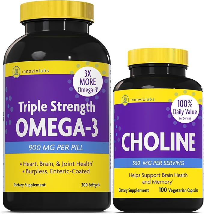 InnovixLabs Choline &amp Triple Omega-3 Bundle Choline Bitartrate 550mg (100 Capsules) Triple Strength Omega (200 Softgels). Supports Memory Mood Brain Health &amp Boost Cognitive.*