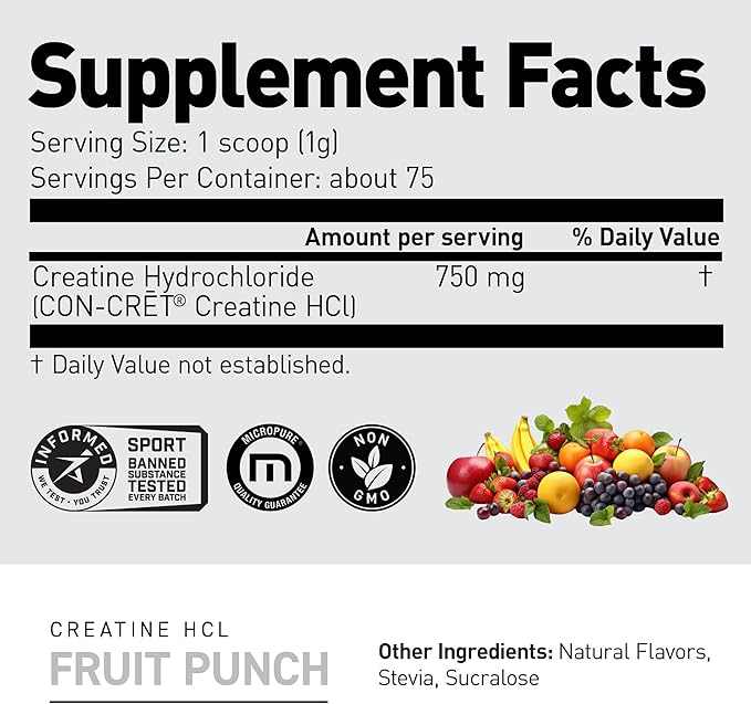 Kaged Creatine HCl Powder | 7X Concentrated vs Mono | Muscle Building &amp Recovery | High Absorption | No Bloating | Creatine for Men &amp Women | Vegan Gluten Free | Fruit Punch | 75 Servings