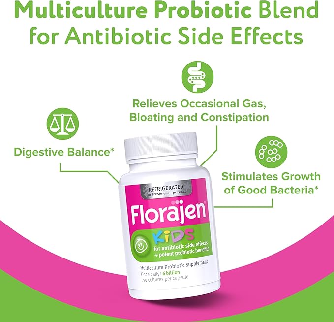 Florajen Kids Probiotic - Daily Gut &amp Immune Support for Children 6 Months &amp Up - Constipation Bloating &amp Digestive Relief - Refrigerated for Freshness &amp Potency - 60 Capsules