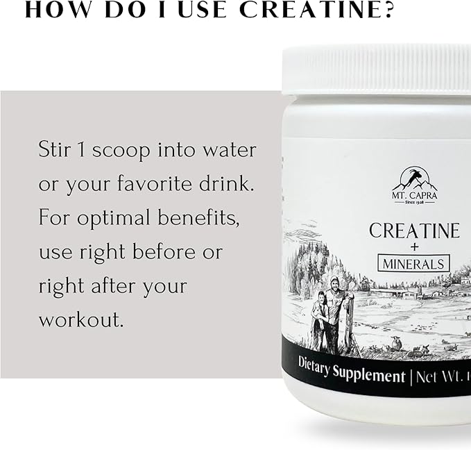 Mt. Capra Creatine + Minerals | 5 g Creatine Monohydrate with Goat Whey Mineral Concentrate | Enhance Hydration and Cellular Performance | 40 Servings