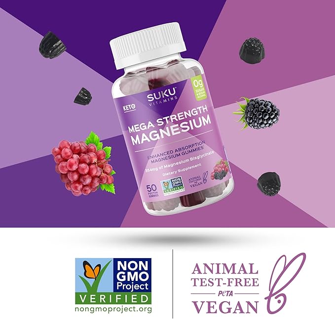 SUKU Vitamins - Mega Strength Magnesium - 177 mg of Magnesium Bisglycinate Gummies for Muscle Function - Easy to Chew - Non GMO Gluten Sugar Free - Grape BlackBerry Flavored Gummy Vitamins (50 Count)