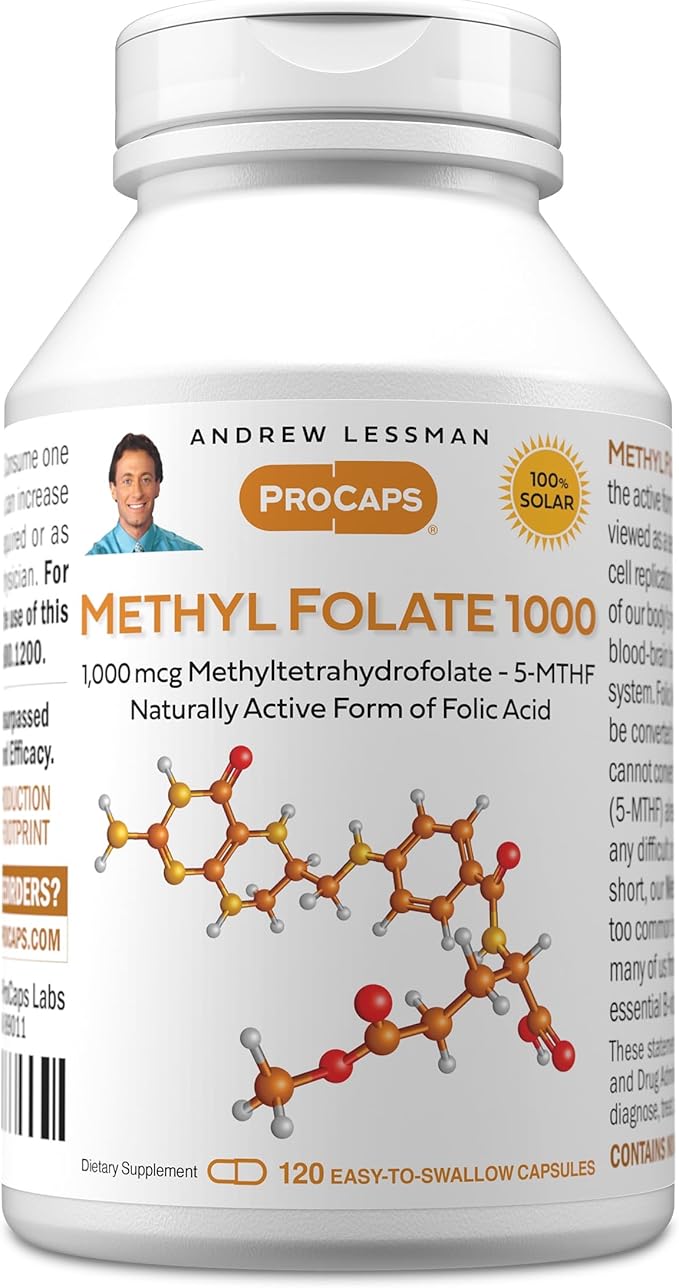 ANDREW LESSMAN Methyl Folate 1000mg - 120 Capsules - 1000 mcg L-Methyl Folate Potent Levels of Essential Vitamin B9. Supports Healthy Heart Brain Immune and Pregnancy. Easy to Swallow Capsules