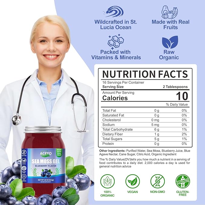 ACEYO (18 OZ) Irish Sea Moss Gel Organic Raw Vegan Blueberry Flavor 102 Vitamins and Minerals Wild Harvested Non-GMO Immune Defense Booster Thyroid Digestive Support