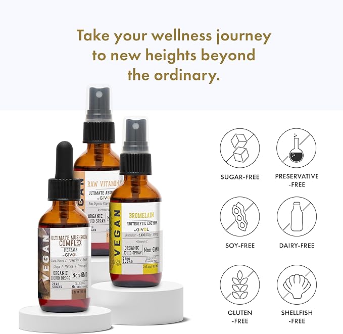 Inflammation Defense Bundle: Ultimate Mushroom Complex with Lions Mane Reishi Cordyceps &amp Chaga Raw Vitamin C and Bromelain | Non-GMO | Gluten-Free | Sugar-Free | 2 Fl Oz | 240-Days Supply