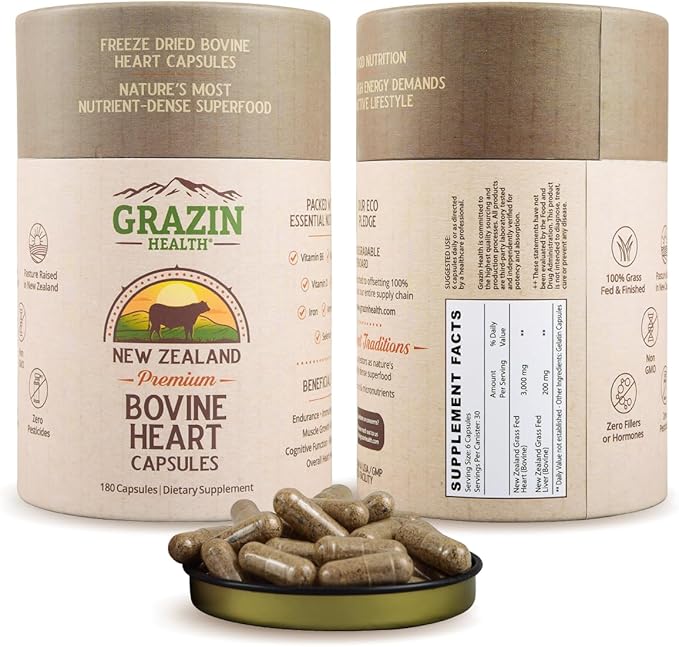 Grass-Fed Freeze-Dried Bovine Heart &amp Liver Capsules 3000 mg per Serving | CoQ10 Iron Zinc &amp B12 Supplement for Natural Heart Energy and Immune Support