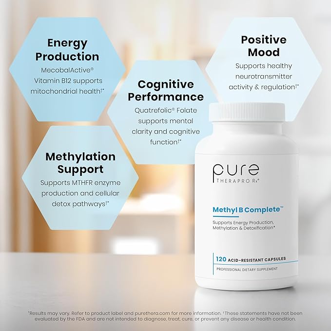 Pure Therapro Rx Methylated B Complex Vitamins Made in USA 4 Month Supply | Methyl B Complete Quatrefolic 5-MTHF Folate B12 Methylcobalamin TMG Trimethylglycine Methylfolate | Pharm Grade
