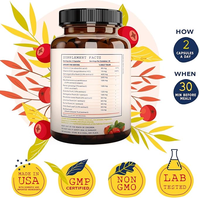 Adrenal Support &amp Cortisol Manager – Extra Strength Adrenal Fatigue Supplements for Energy Brain Fog with Ashwagandha Rhodiola Rosea L Thyrosine Holy Basil – 60 Non GMO Pills