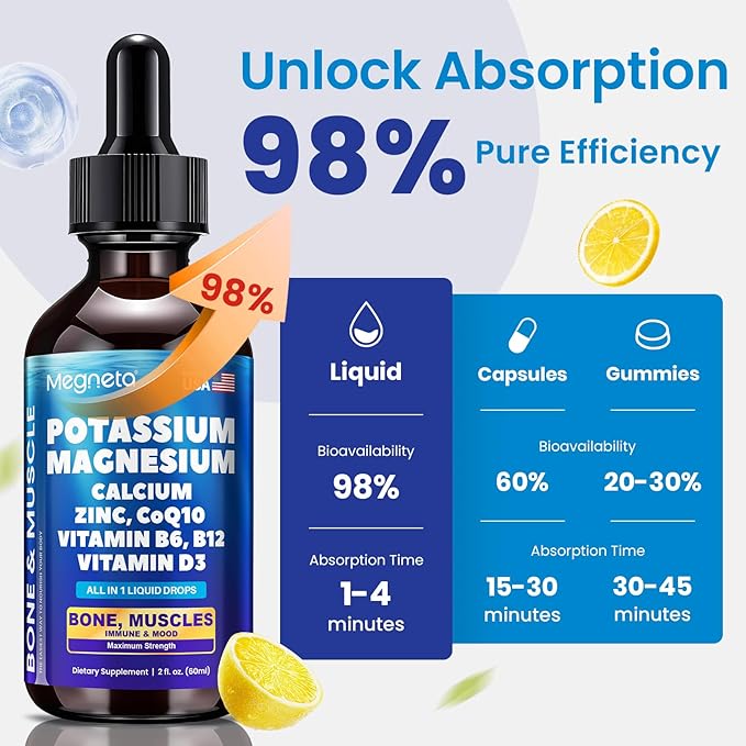 Potassium Magnesium Calcium Zinc Liquid Complex – Chelated Minerals with D3 B6 B12 &amp CoQ10 for Superior Absorption Heart Bone Muscle Sleep &amp Anti-Aging Support 2 Fl Oz(60ml)