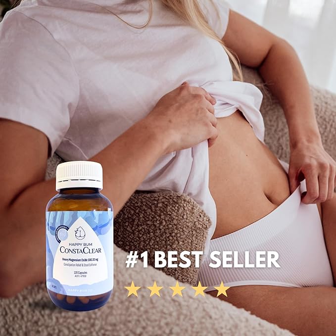 Happy Bum CostaClear for Constipation for Women and Men | Gentle Magnesium Constipation Relief &amp Colon Cleansing Support Softens Stool and Eases Bloating | 120 Capsules
