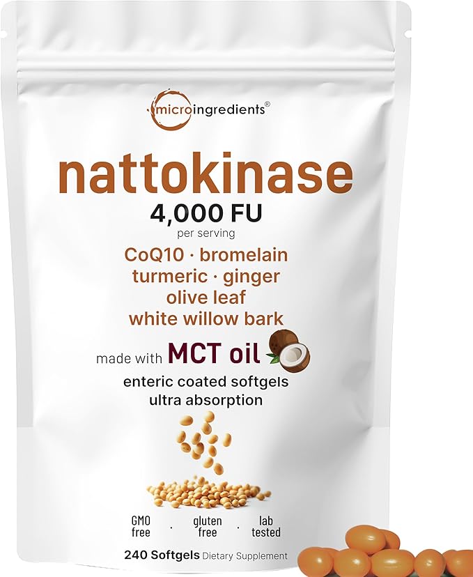 Micro Ingredients Nattokinase 240 Softgels 200mg (4000 FU) Per Serving | 7-in-1 Ultra Absorption Cardiovascular Supplement with CoQ10 Bromelain Turmeric Ginger Olive Leaf &amp White Willow Bar