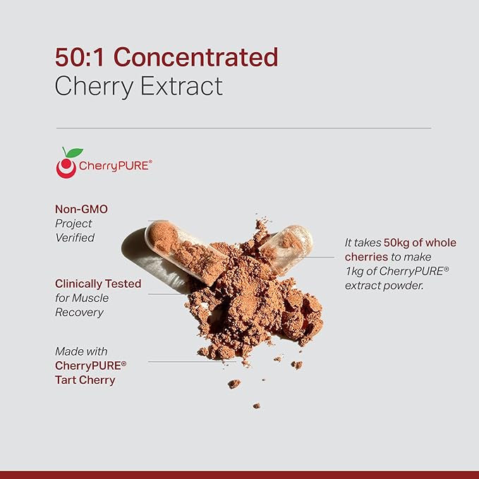 Montmorency Tart Cherry Non GMO Capsules - CherryPure 50:1 Concentrate eq. 25000 mg - Antioxidants &amp Flavonoids Tart Cherry Extract for Gout &amp Muscles - 120 Veggie Capsules - 4 Month Suppl