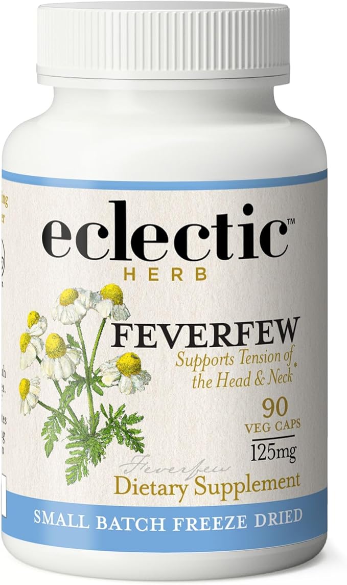Eclectic Herb - Feverfew Capsules | Support for Head &amp Neck Tension | Herbal Supplement | US-Grown Vegan Non-GMO Gluten Free (90 CT | 125 mg)
